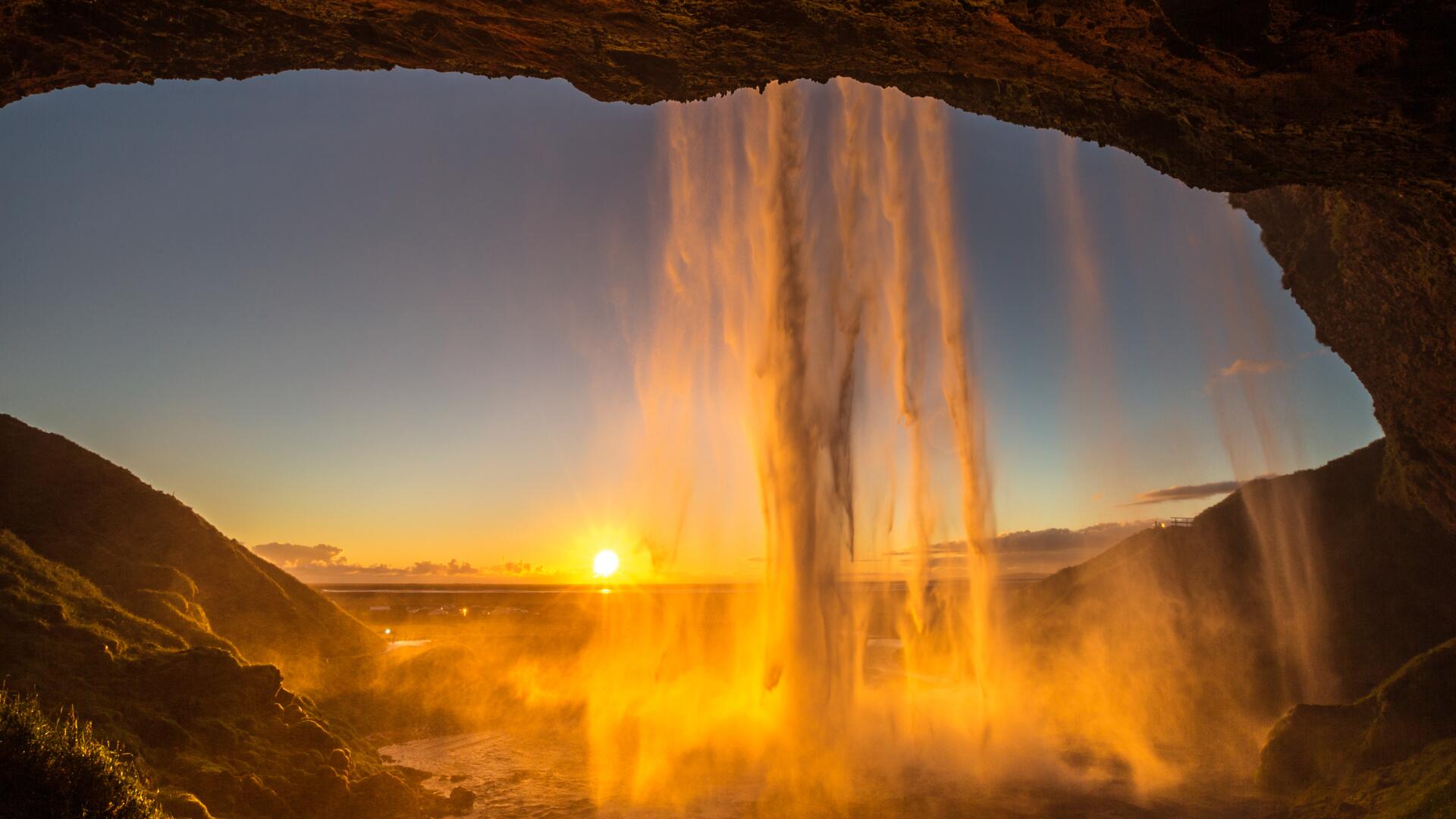 Waterfall Seljalandsfoss with sunset